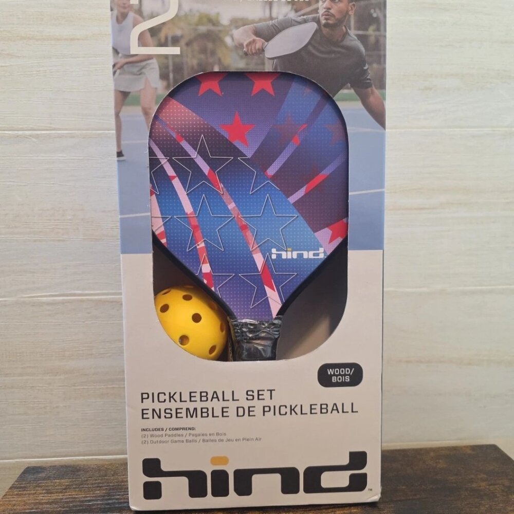 Hind Pickleball Set 2 Paddles 2 Outdoor Game Balls Blue Red Star design WOOD